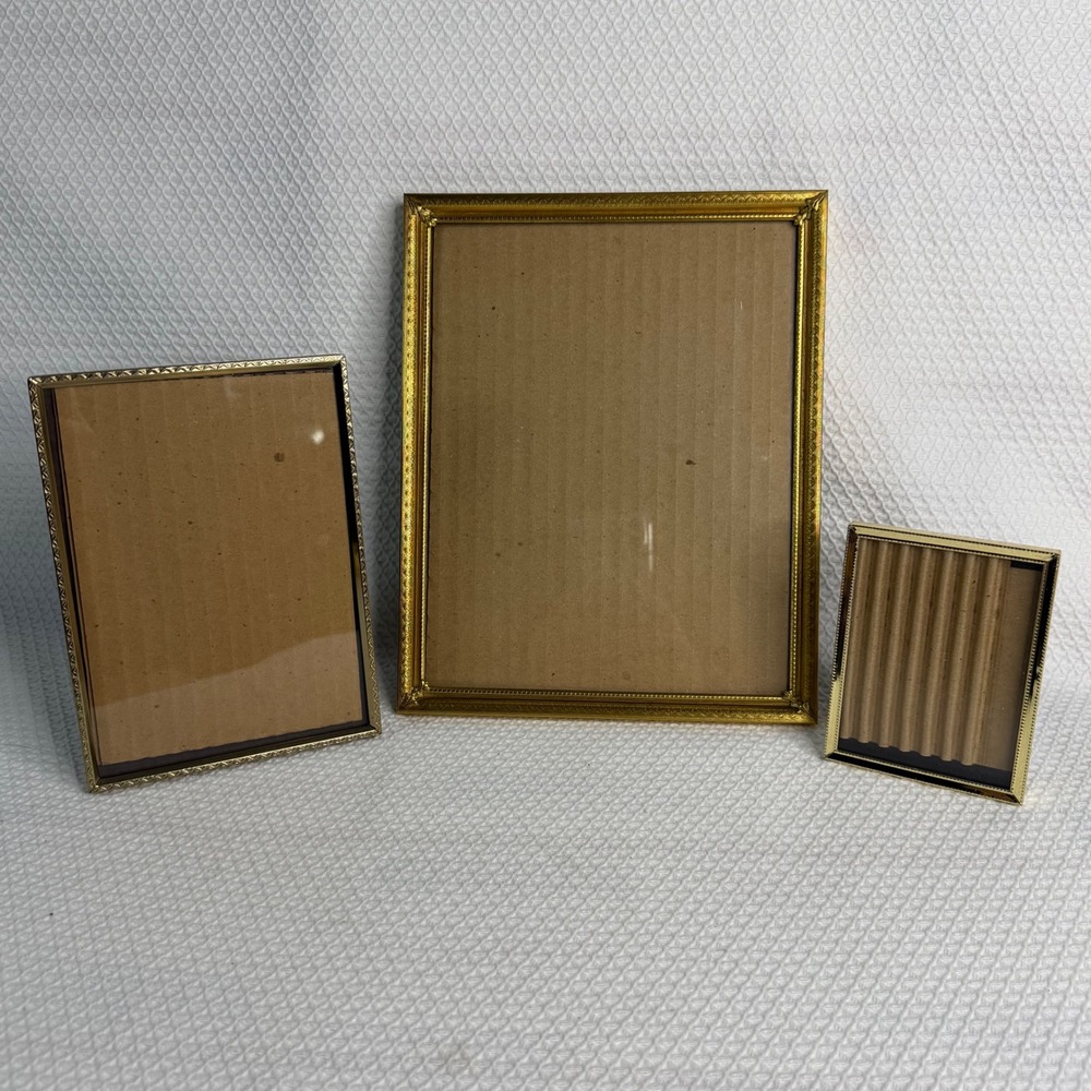 Vintage Gold Metal Picture Frame Set of 3 Textured Borders Beaded Tabletop Decor